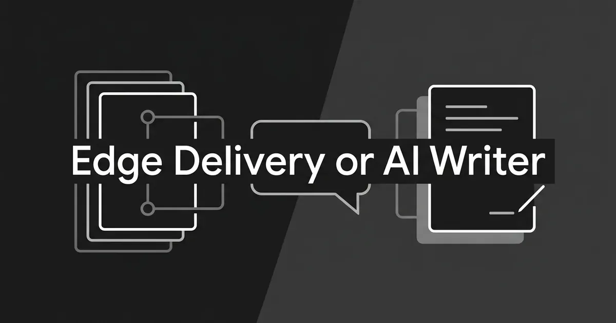 Monochrome cover with the line Edge Delivery or AI Writer, between a stack of page cards on the left and a written document on the right, joined by a central answer bubble.