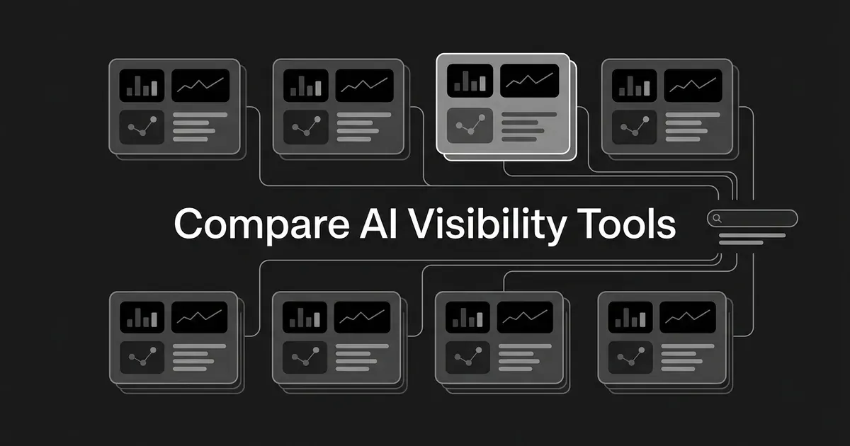 Eight abstract dashboard cards on a charcoal background, one highlighted in white, connected by thin lines to a search and answer motif beneath the words Compare AI Visibility Tools.