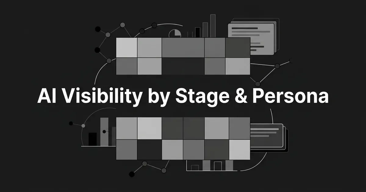 Monochrome cover showing grayscale heatmap grids of visibility cells surrounded by connected nodes and chart fragments, with the centered white cover line AI Visibility by Stage and Persona.
