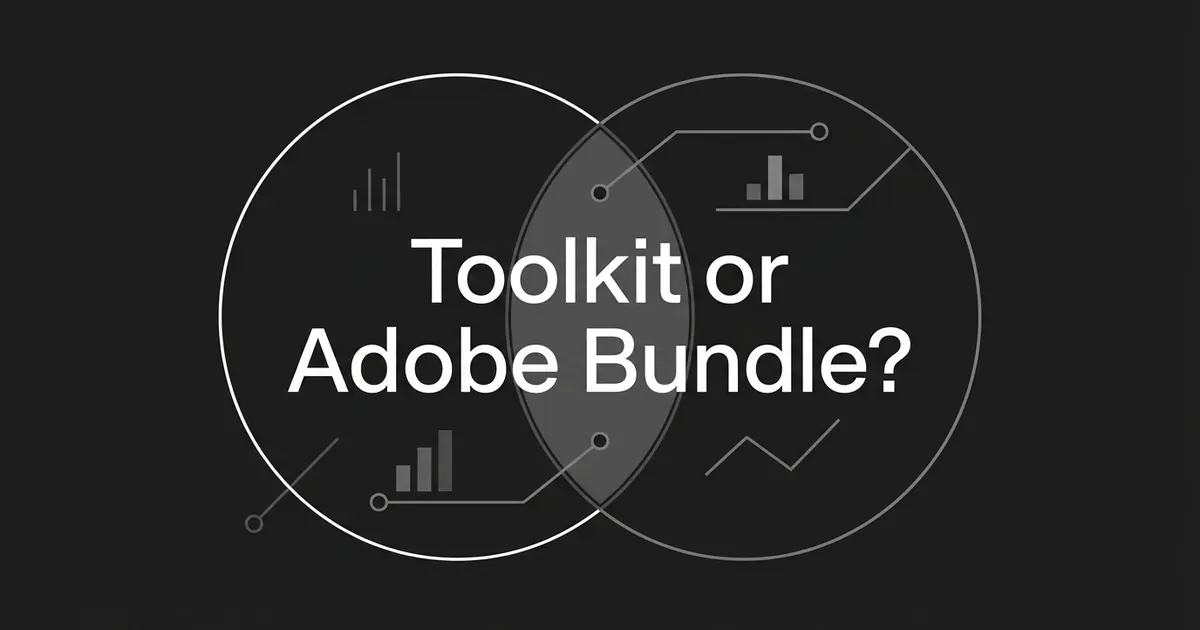 A white line-drawn Venn diagram of two overlapping circles on a charcoal background with small chart fragments and the cover line Toolkit or Adobe Bundle?