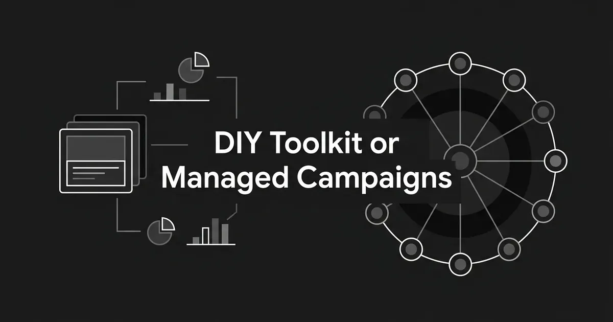 Abstract monochrome diagram with the cover line DIY Toolkit or Managed Campaigns between a stack of dashboard cards with chart fragments on the left and a ring of connected nodes on the right.