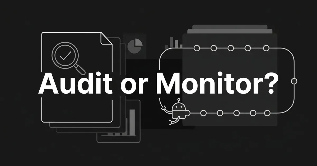 Minimal monochrome cover with the words Audit or Monitor? over a page outline with a magnifying glass on the left and a looping line of nodes with a crawler bot on the right.
