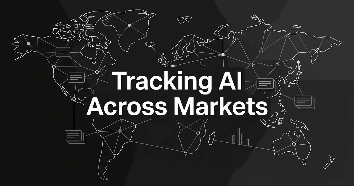 Monochrome line-art world map made of connected nodes and small answer cards behind the cover line Tracking AI Across Markets.