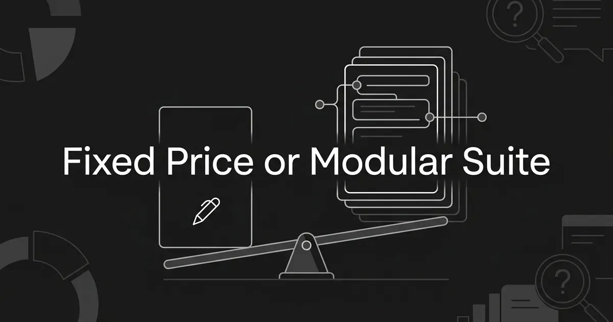 Monochrome illustration of a balance beam weighing a single simple card against a stack of layered, connected cards, under the line Fixed Price or Modular Suite.