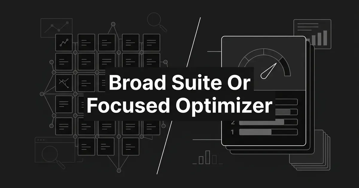 A monochrome illustration contrasting a wide grid of connected tool tiles with a single layered content card carrying a scoring dial, under the line Broad Suite Or Focused Optimizer.