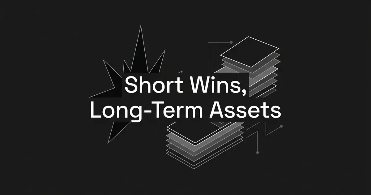 A monochrome illustration with a sharp burst shape on one side and a layered, connected stack of cards on the other, representing short-term campaign wins next to long-term content assets, with the text Short Wins, Long-Term Assets centered on a charcoal background.