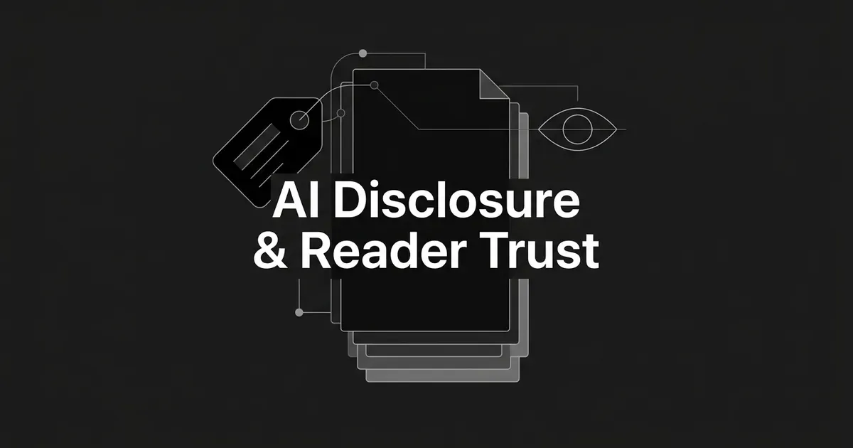 An abstract illustration of a label tag attached by connection lines to a stack of layered document cards, with an open-eye icon nearby, on a charcoal background with the text AI Disclosure and Reader Trust.