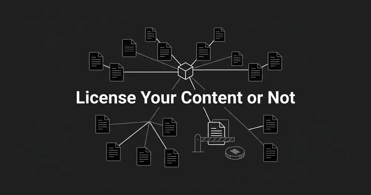 A monochrome network diagram of document icons connected to a central node, with one document behind a small toll gate and coin, and the cover line License Your Content or Not.