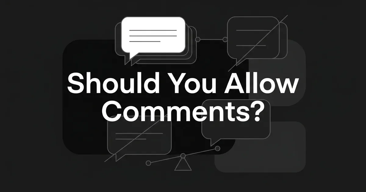 Stacked speech-bubble cards, some crossed out, linked to a small balance scale beneath the cover line asking whether to allow comments.