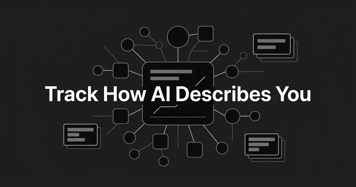 A monochrome flat-vector cover showing AI answer-engine nodes connected into a central monitoring panel of bars and a trend line, with the cover line Track How AI Describes You.