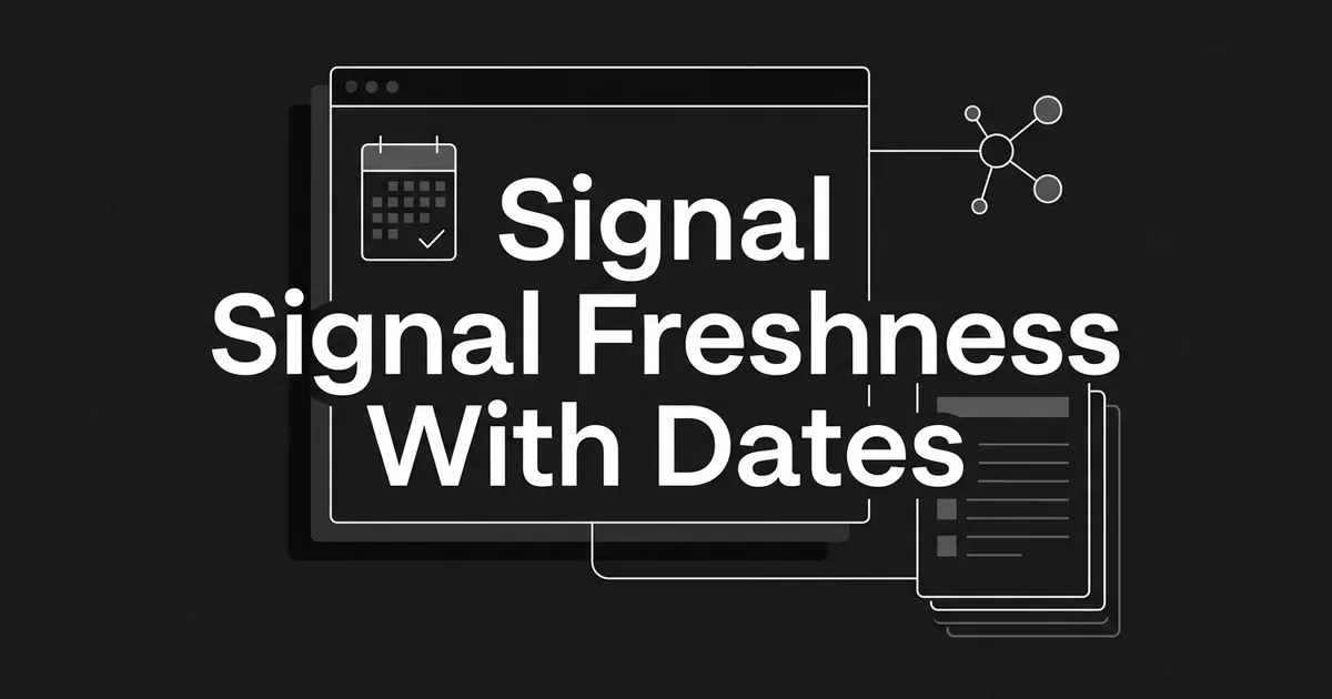 Monochrome illustration of a web page card with a calendar and check mark, linked to a node cluster and a stacked document list, behind the cover line about signaling freshness with dates.