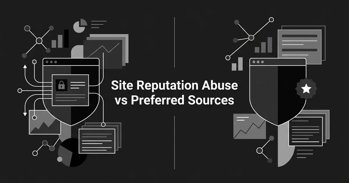 A monochrome illustration split by a vertical line, showing two website shield icons: one on the left marked with a lock symbol representing a reviewed third-party content arrangement, and one on the right marked with a star badge representing a reader-selected preferred source, with the text 'Site Reputation Abuse vs Preferred Sources'.