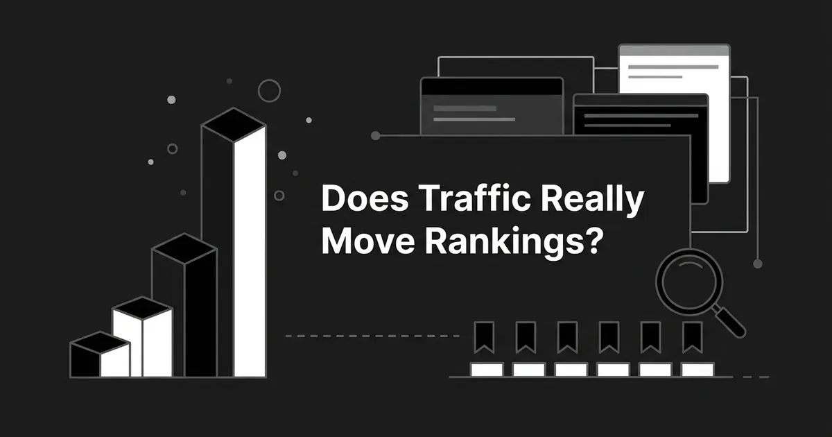 A monochrome illustration of a rising bar chart separated by a dashed line from a row of search ranking markers and a magnifying glass, with the headline Does Traffic Really Move Rankings.