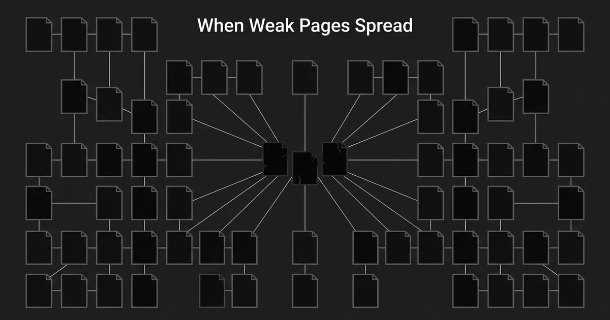 An abstract monochrome illustration of a few cracked, faded page icons at the center of a large connected grid of page icons, with lines radiating outward to show their influence spreading across the rest of the site.