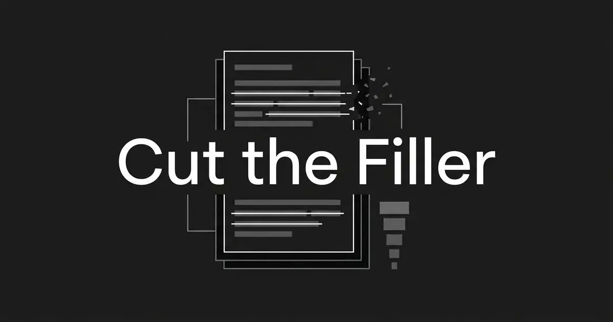 A monochrome flat-vector cover showing the words Cut the Filler over a stack of document cards whose struck-through text lines are breaking apart into fragments.
