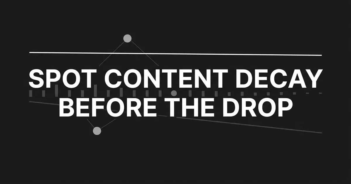 A dark monochrome cover reading SPOT CONTENT DECAY BEFORE THE DROP, set over a nearly flat trend line, a gently falling second line and a row of shrinking bars.