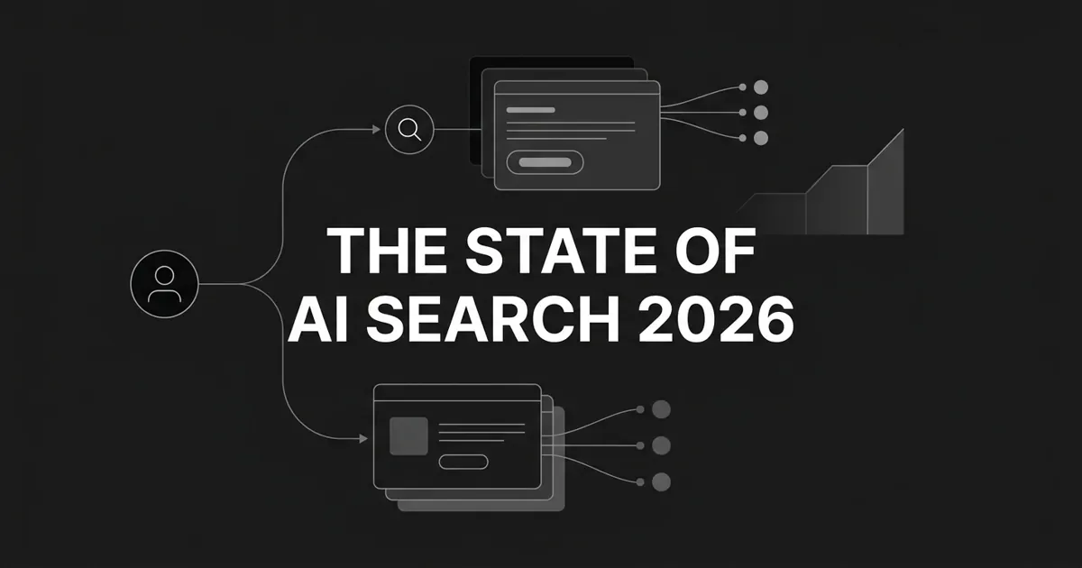 Monochrome charcoal cover with the centered white headline The State of AI Search 2026, showing a user node branching into multiple AI answer cards with source-citation dots and a rising chart fragment.
