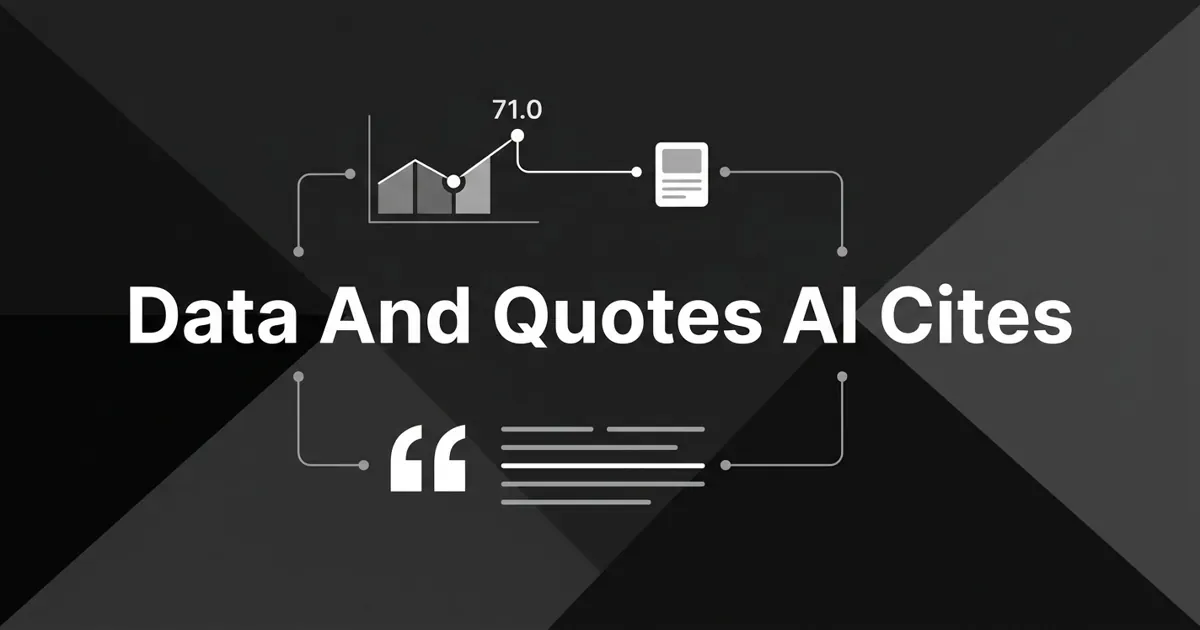Monochrome flat-vector cover on charcoal with the centered white headline "Data And Quotes AI Cites", surrounded by a line chart with a highlighted data point, a quotation mark, abstract text lines, and connector lines running into an answer card.