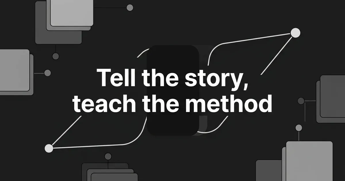 Abstract monochrome cover with the line 'Tell the story, teach the method' centered over a thin white arc that bends around a dark block between two nodes.