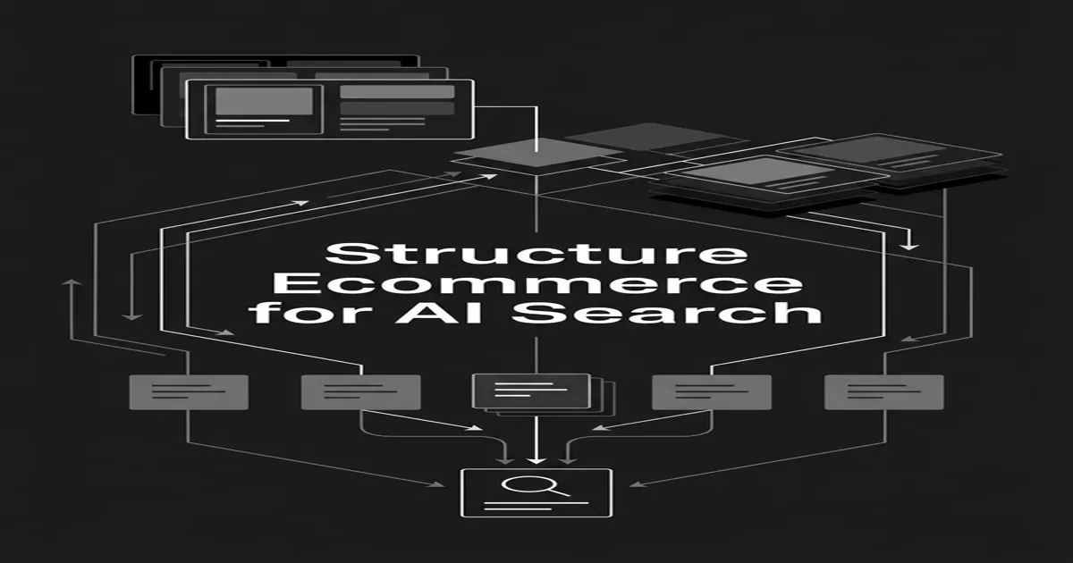 Monochrome geometric diagram of an ecommerce site architecture, with layered product and category cards and a faceted-navigation tree funneling into a central AI search-and-answer node, under the centered white cover line Structure Ecommerce for AI Search.