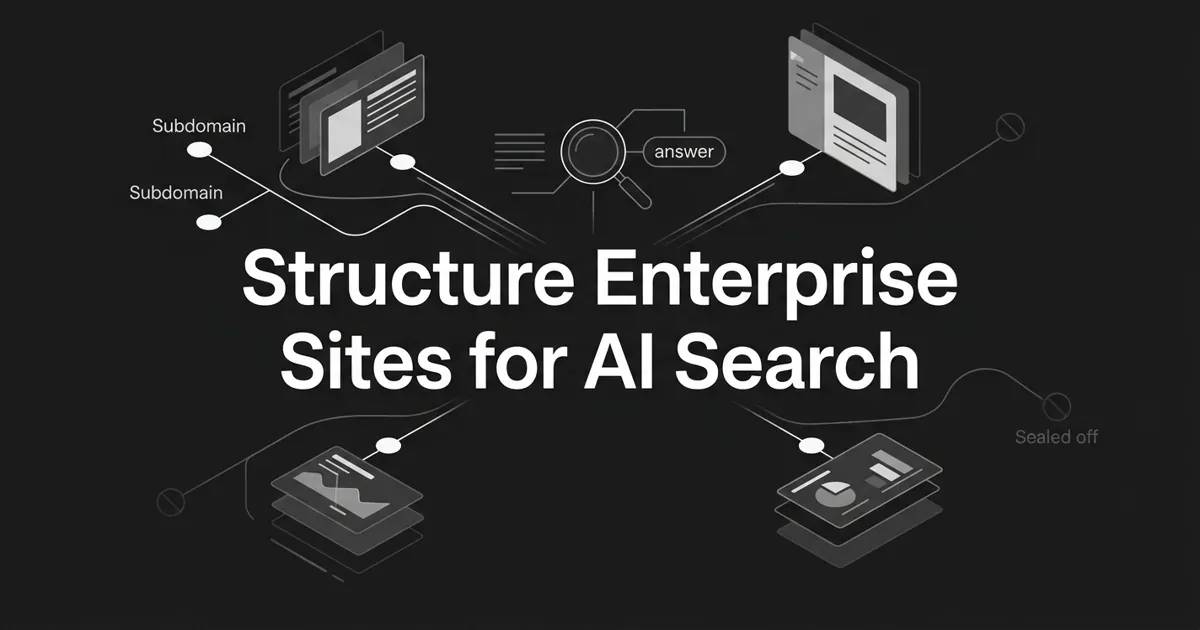 Monochrome abstract diagram of scattered subdomain nodes and layered CMS cards connecting into one central governed hub with a search motif, over the white cover line 'Structure Enterprise Sites for AI Search' on a charcoal background.