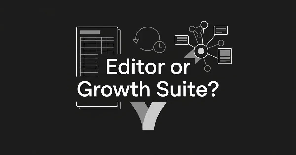 An abstract monochrome illustration with a document and grid icon, a refresh clock icon, and a connected-nodes cluster around the words Editor or Growth Suite, on a charcoal background.