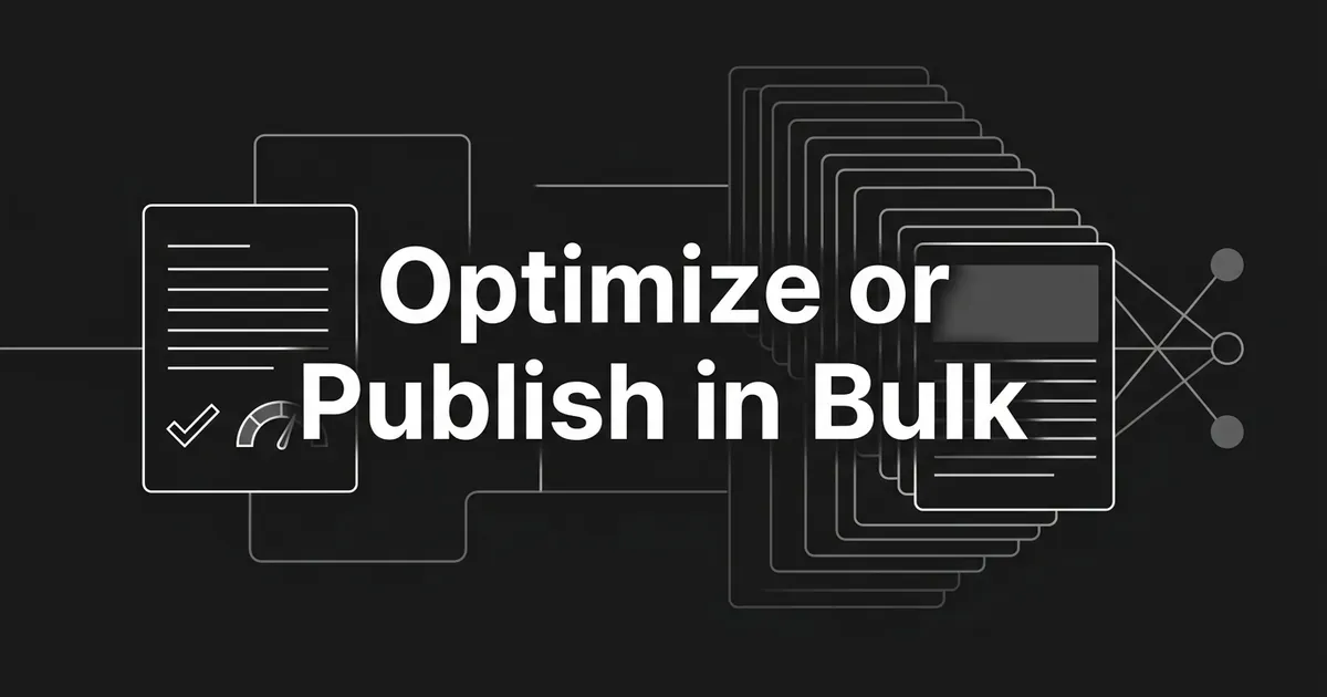 Abstract monochrome cover with a single scored document on the left and a fanned stack of many article cards on the right, under the line Optimize or Publish in Bulk.