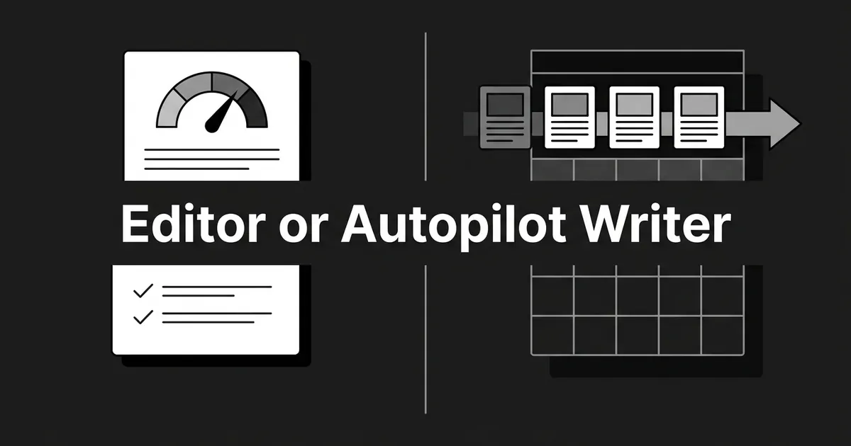 Abstract monochrome cover showing a document card with a score dial on one side and a row of article cards moving along a calendar grid on the other, under the line Editor or Autopilot Writer.