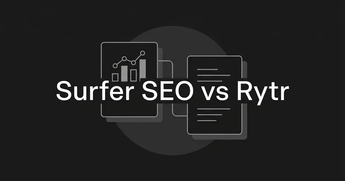 A dark charcoal cover with the words Surfer SEO vs Rytr in white, framed by two abstract cards, one with a small rising bar chart and one with lines of text.