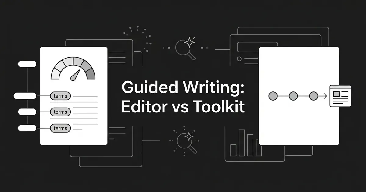An abstract monochrome illustration contrasts a live content-scoring document on the left with a linear three-step workflow leading to a published page on the right, under the text Guided Writing: Editor vs Toolkit.