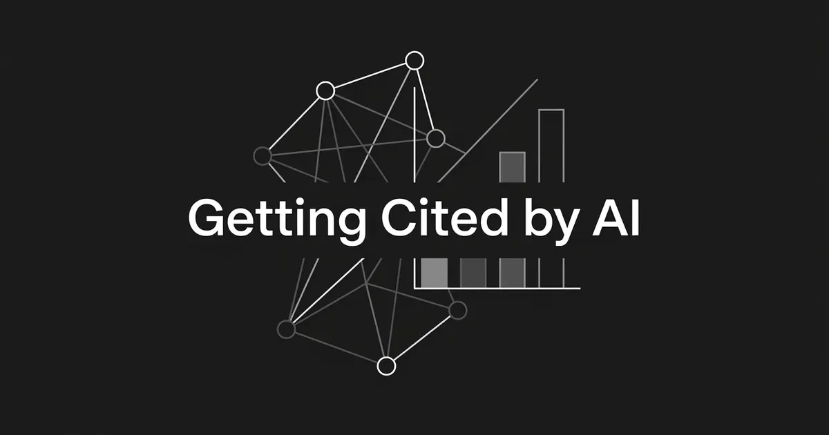 An abstract monochrome illustration of a connected node network paired with bar-chart fragments, above the text Getting Cited by AI.