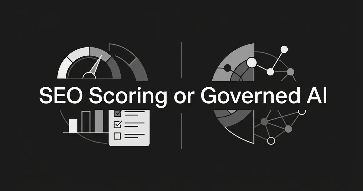 An abstract monochrome illustration reading "SEO Scoring or Governed AI," with a content-score gauge and checklist on the left and a connected knowledge graph of nodes on the right.