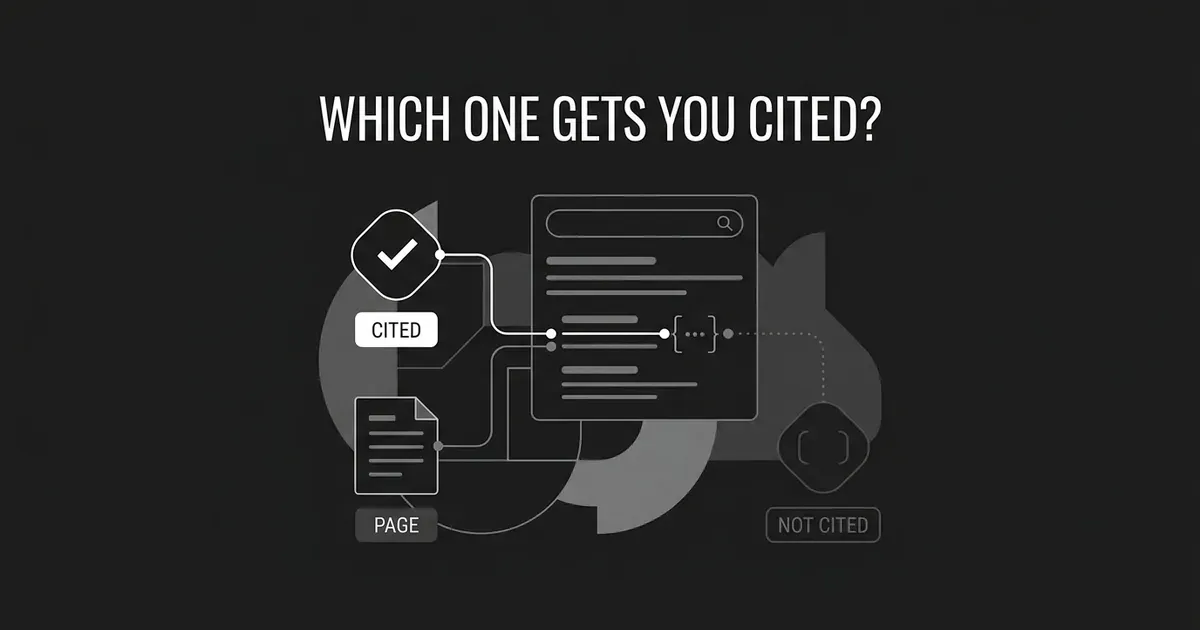 An abstract diagram in monochrome shows a content page connecting to a search results panel, with one path marked cited and another marked not cited, under the headline Which One Gets You Cited.