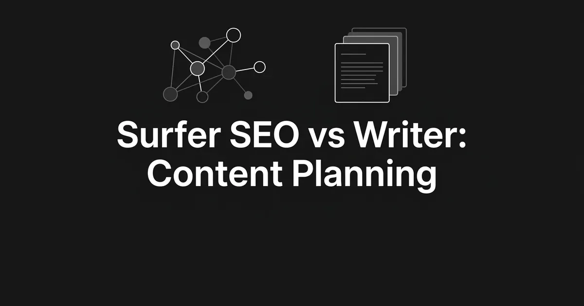 Abstract illustration of a connected topic-cluster node map beside a stack of document cards, with the white cover line 'Surfer SEO vs Writer: Content Planning' on a dark charcoal background.