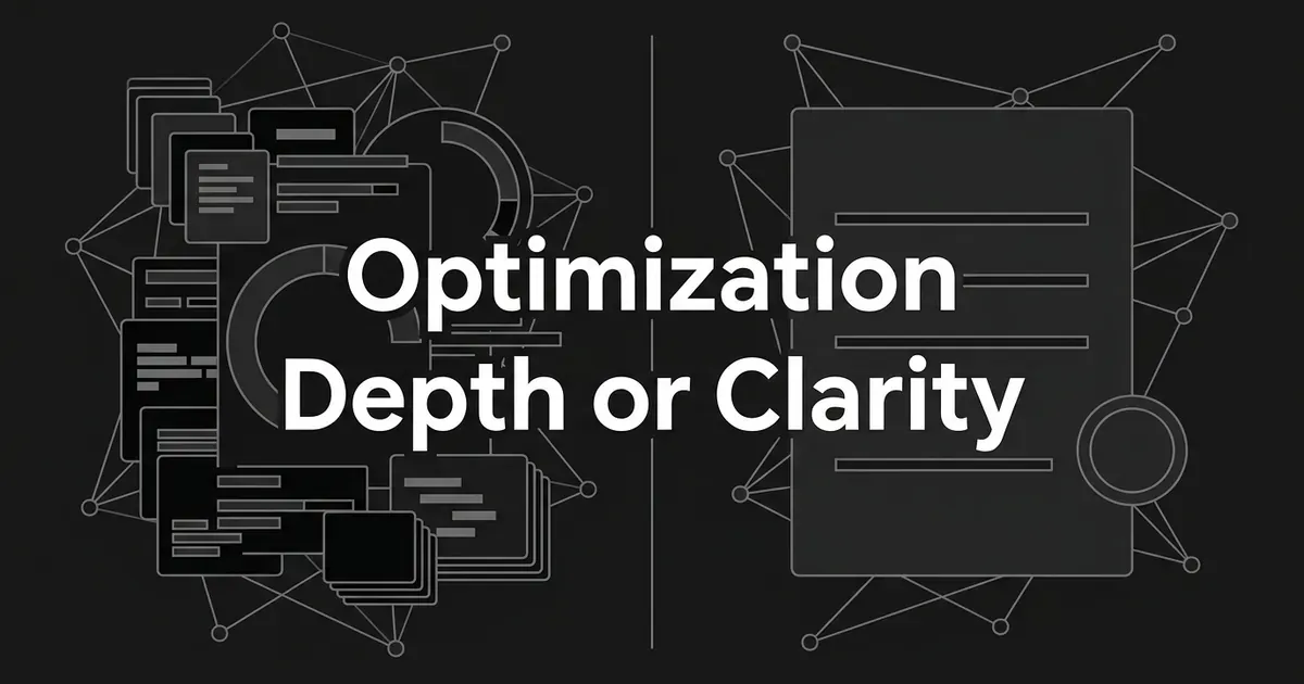 Monochrome abstract cover contrasting a dense cluster of stacked cards, bar fragments and gauge rings on the left with a single clean document and one outlined ring on the right, under the centered white cover line Optimization Depth or Clarity.