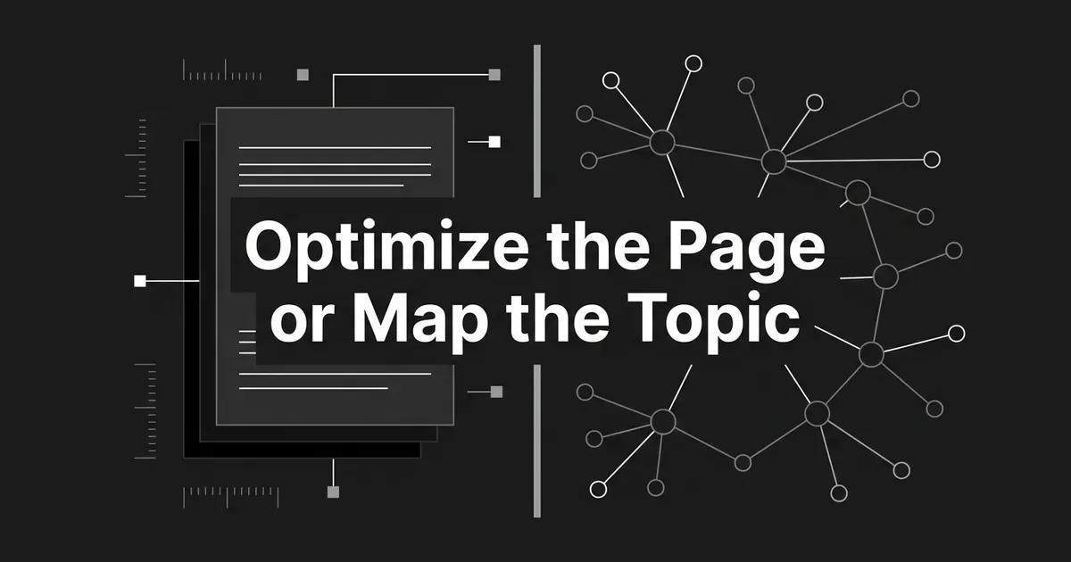 A monochrome cover illustration sets a stack of layered document cards against a spreading network of connected topic nodes, under the line Optimize the Page or Map the Topic.