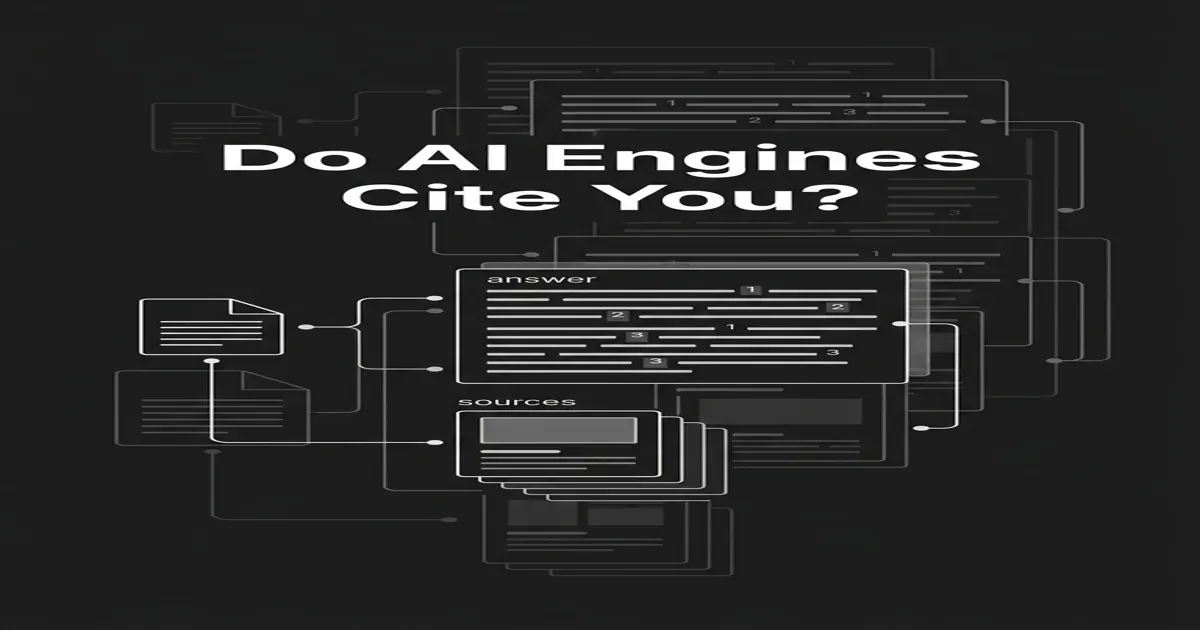 Monochrome abstract cover showing an AI answer panel with numbered citation markers and a sources list linked by thin nodes, centered on the white line Do AI Engines Cite You.