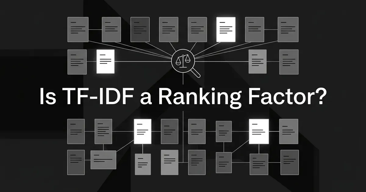A monochrome diagram of document cards connected to a central magnifying glass and scale icon, with a few cards glowing bright white to represent statistical weighting, under the text Is TF-IDF a Ranking Factor.