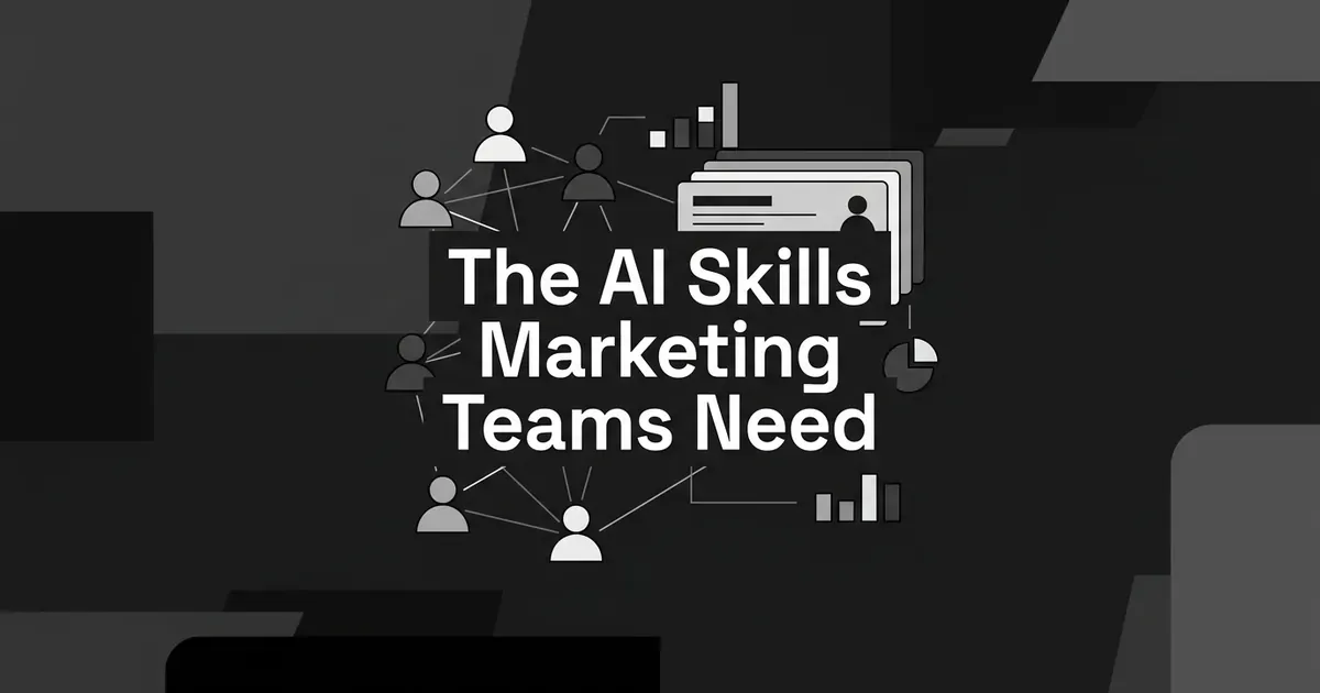 Monochrome illustration of connected human-figure nodes linked by thin lines to layered document cards and small bar and pie chart fragments, with the white headline The AI Skills Marketing Teams Need centered on a charcoal background.