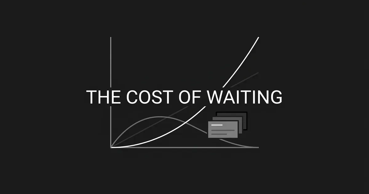 A monochrome illustration titled The Cost of Waiting, showing two diverging line charts rising from the same point, one curving steadily upward and the other flattening and dipping, next to a small stack of page cards representing a growing content library.