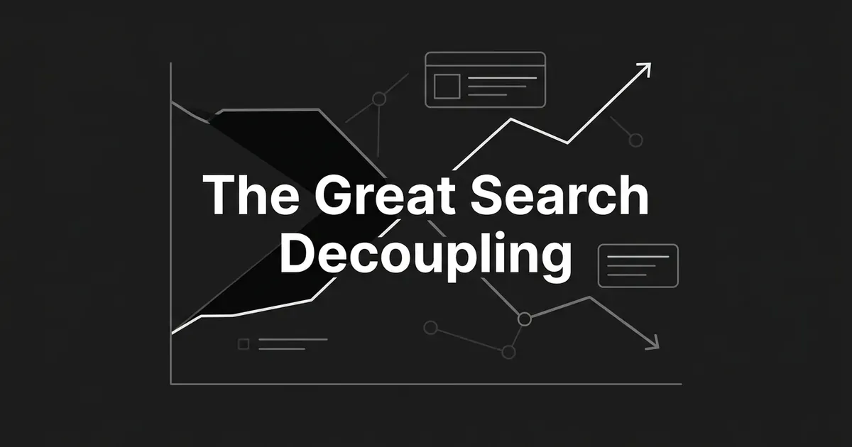 An abstract monochrome chart shows two lines crossing in an X, one rising and one falling, with small search result card outlines around them, above the text The Great Search Decoupling.