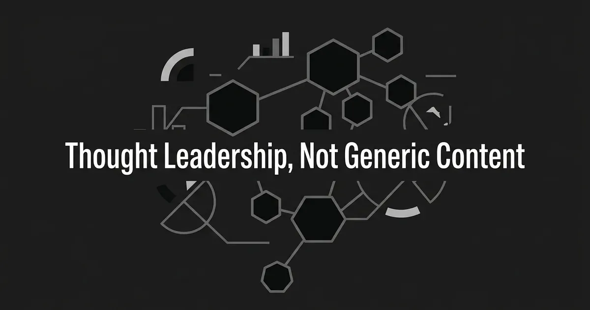 A monochrome network of connected hexagon nodes with one larger node standing apart from the cluster, above the text Thought Leadership, Not Generic Content.
