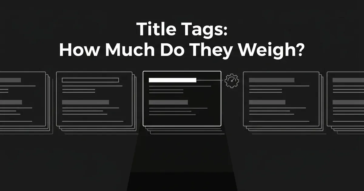 A row of abstract search-result cards in monochrome line art, with one card's title bar highlighted and linked to a small dial icon, illustrating title tags as a weighed signal among search results.