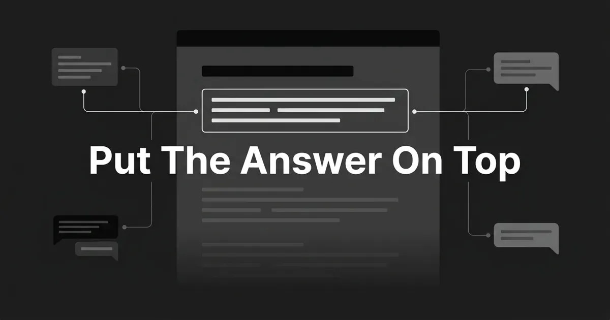 Monochrome diagram of a blog page with a highlighted summary block directly under the headline, connection lines linking it to four AI chat answer bubbles, under the centered cover line "Put The Answer On Top".