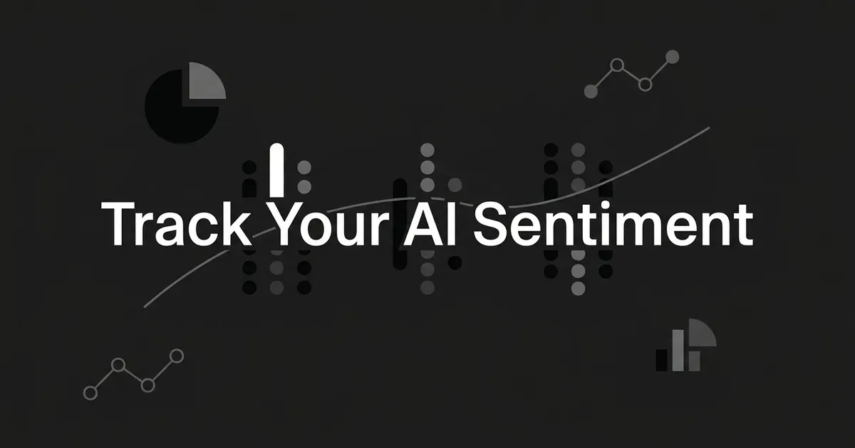Abstract monochrome illustration on a charcoal background with the text Track Your AI Sentiment, showing three clusters of dots connected by a rising trend line alongside small chart and graph fragments.