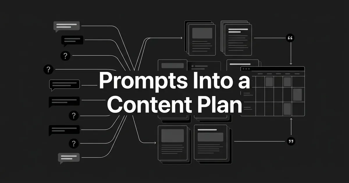 A monochrome, abstract-geometric diagram on a charcoal background showing a column of AI prompt nodes connected by white lines flowing into a grid of content cards and a plan calendar, with the centered white cover line Prompts Into a Content Plan.