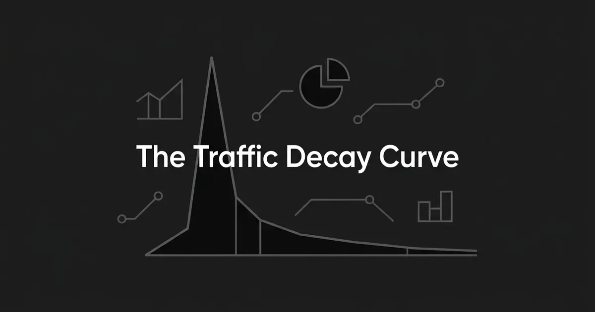 A monochrome line chart showing a sharp traffic spike that decays into a long, gently declining tail, with the words The Traffic Decay Curve centered over it and small abstract analytics icons around the edges.