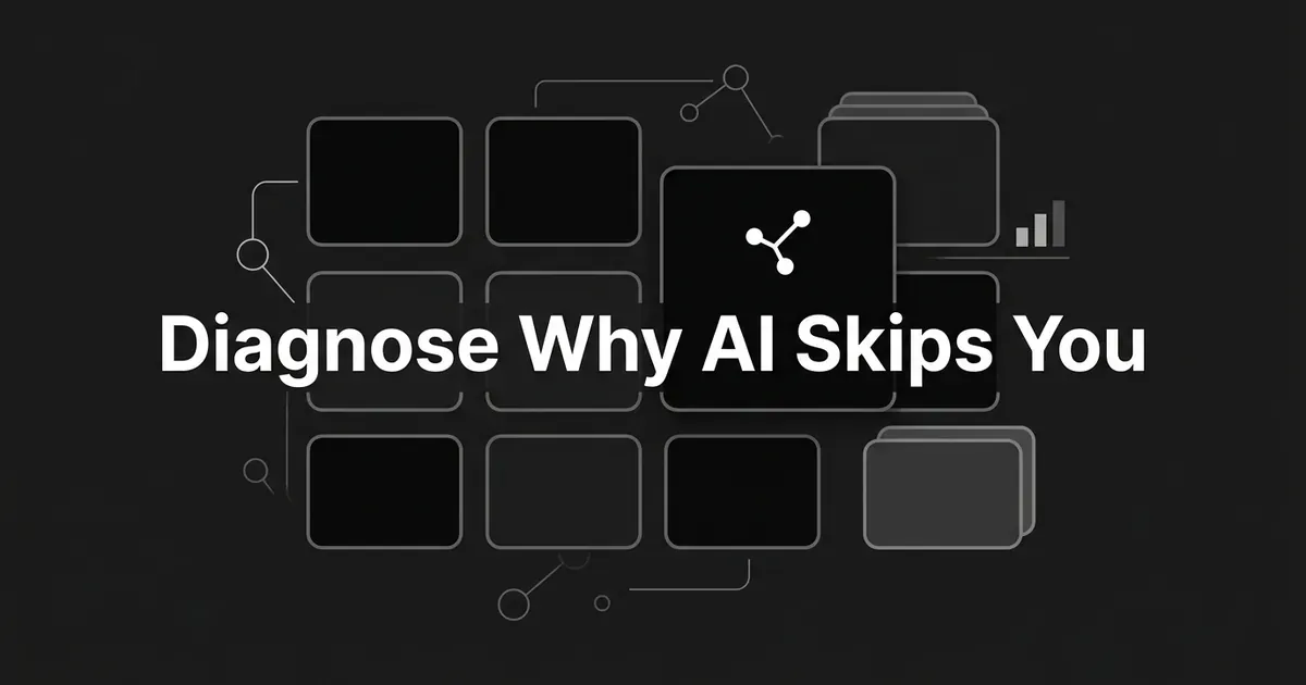 A monochrome grid of abstract tool cards on charcoal, one card larger and forward carrying a small white node-and-connection mark, under the centred cover line Diagnose Why AI Skips You.