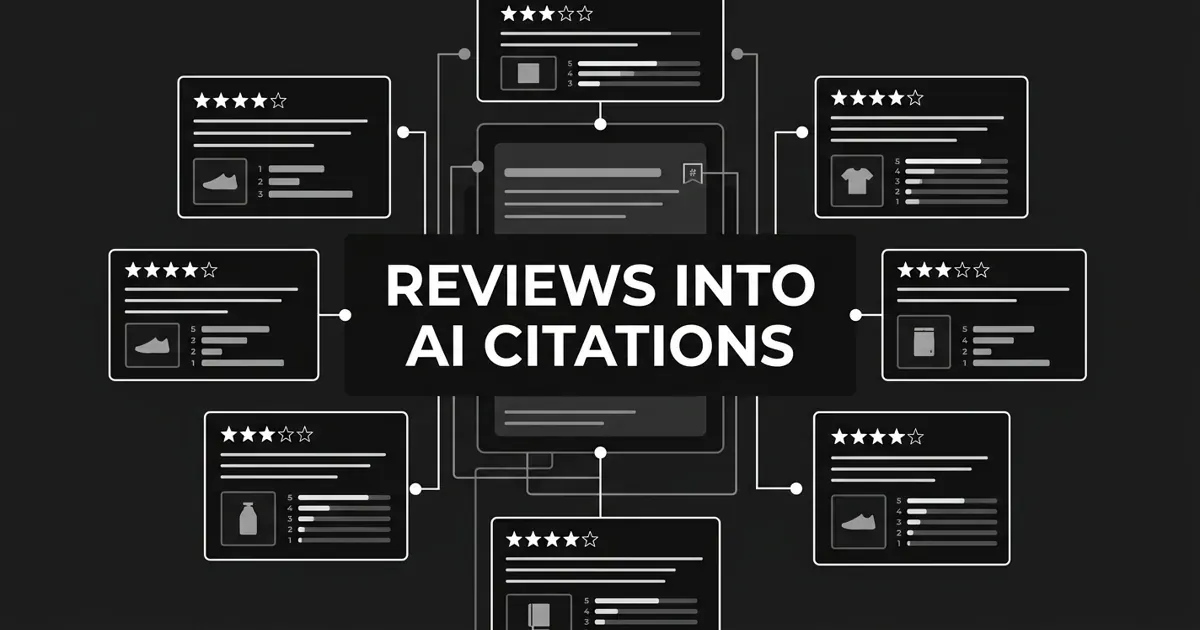 A monochrome charcoal cover showing white-outlined product review cards with star ratings and rating-distribution bars, connected by thin lines and nodes to a central answer panel with a citation marker, behind the centered white cover line REVIEWS INTO AI CITATIONS.