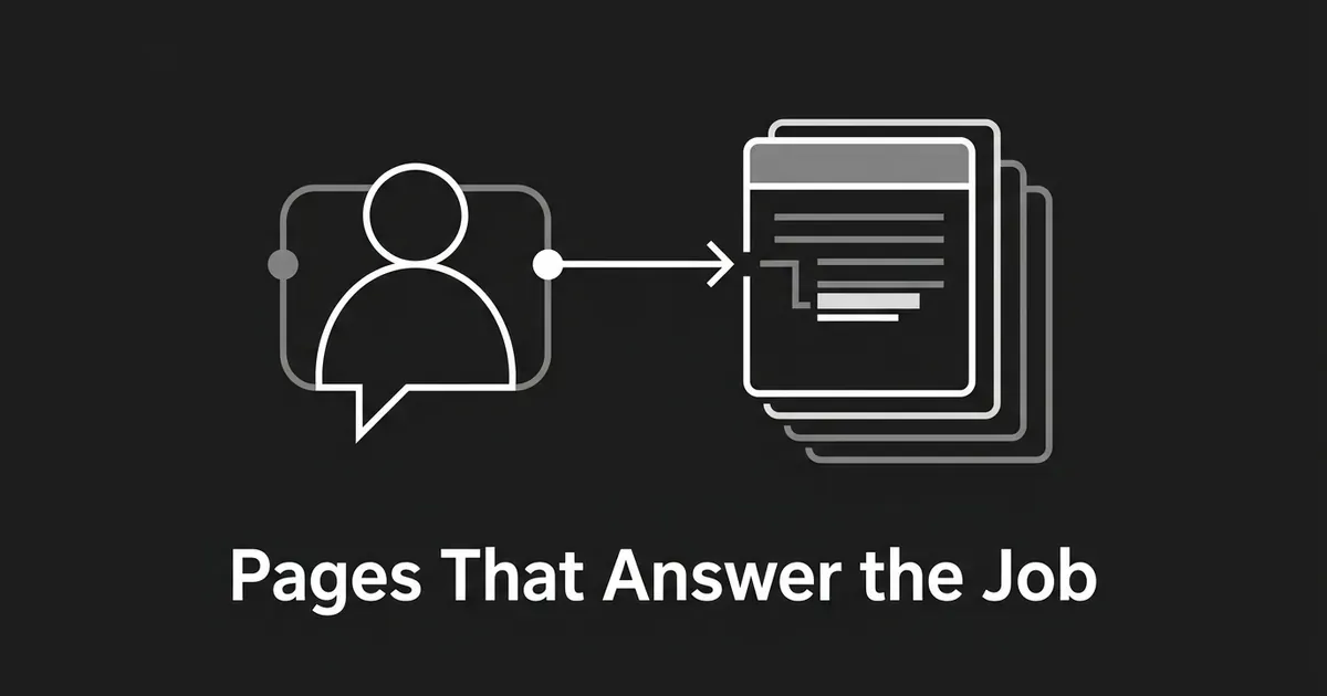 A monochrome line illustration of a person icon connected by an arrow to a stack of document pages, with the cover line Pages That Answer the Job on a charcoal background.